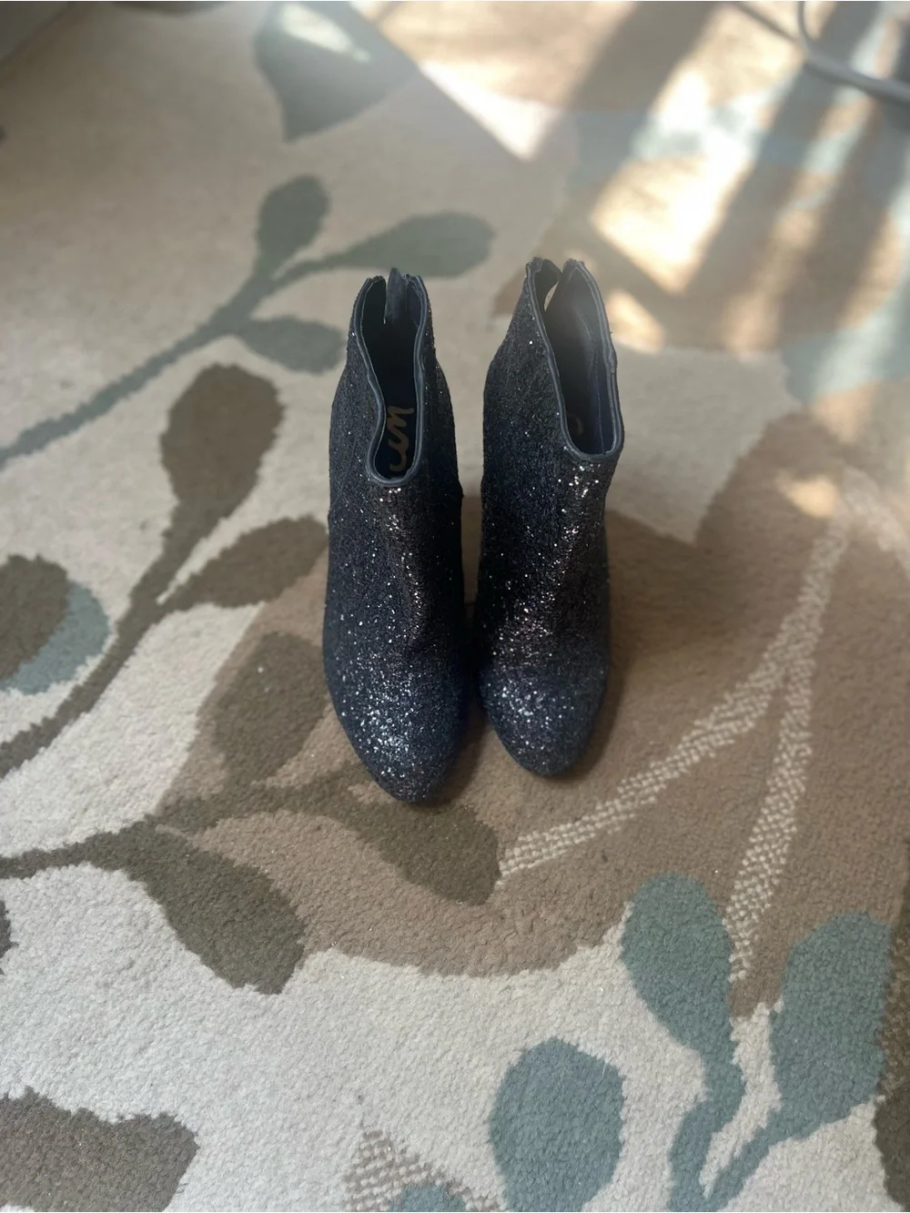Sam Edelman Black Glitter Pointed Toe Ankle Booties, Size 6